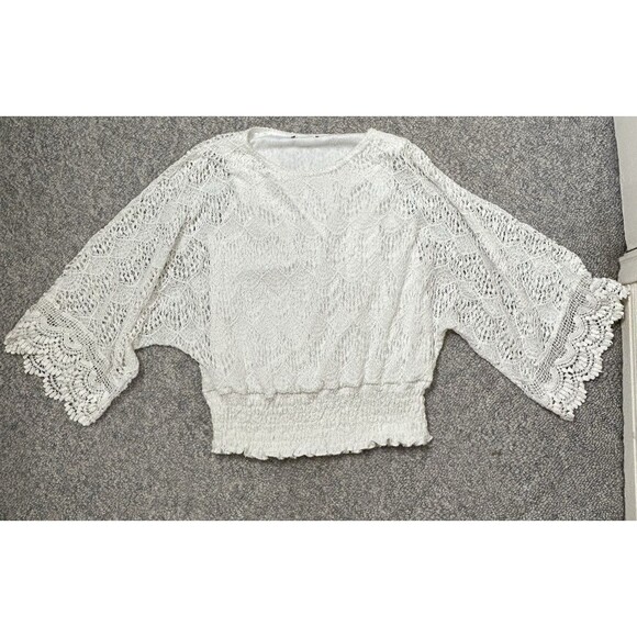 Women Top Boho Crochet Lace Lined Peasant Elastic Waist Flare Sleeve Size Sm ? - Picture 1 of 11